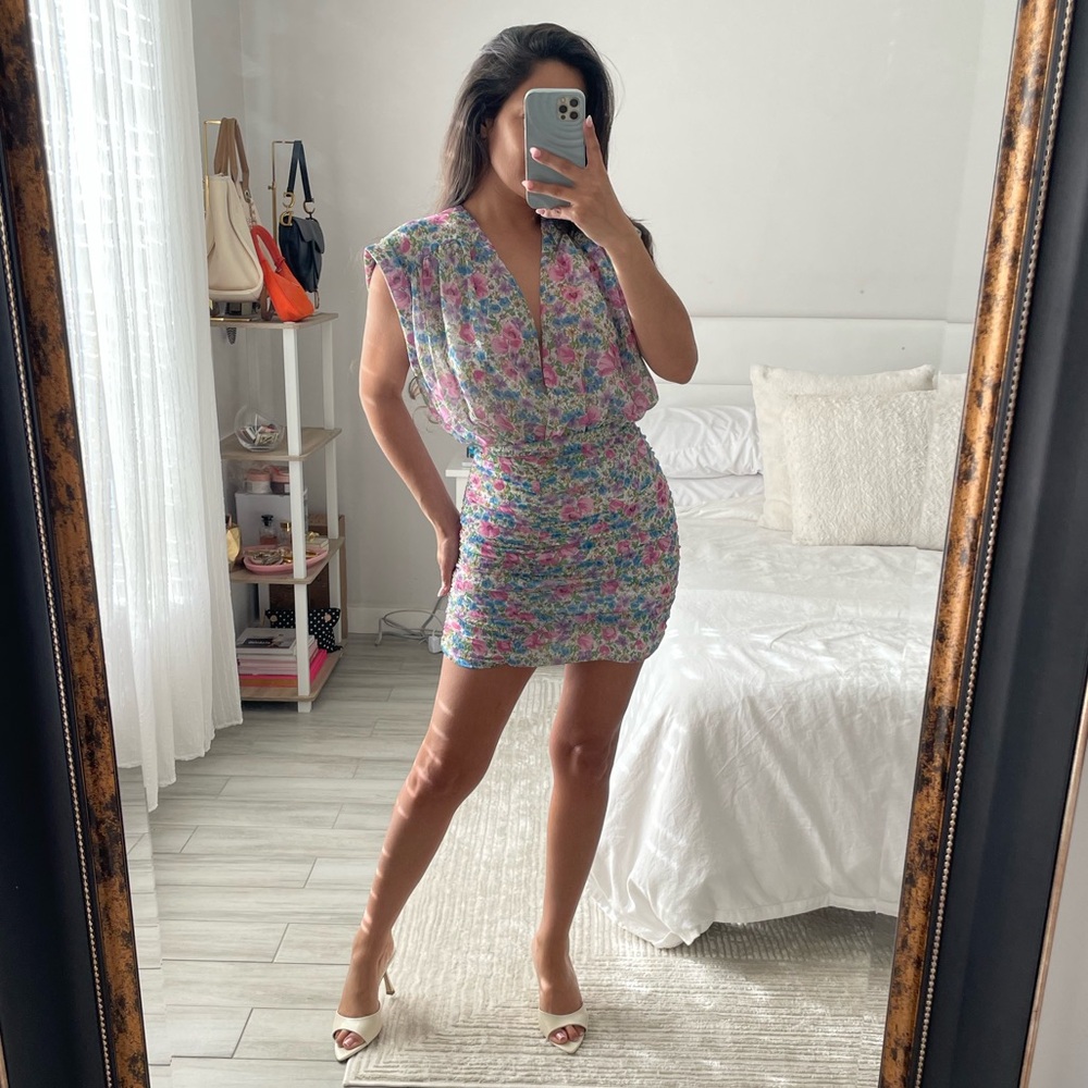 Zara Pink Blue Floral Ruched V-Neck Mini Dress Size S